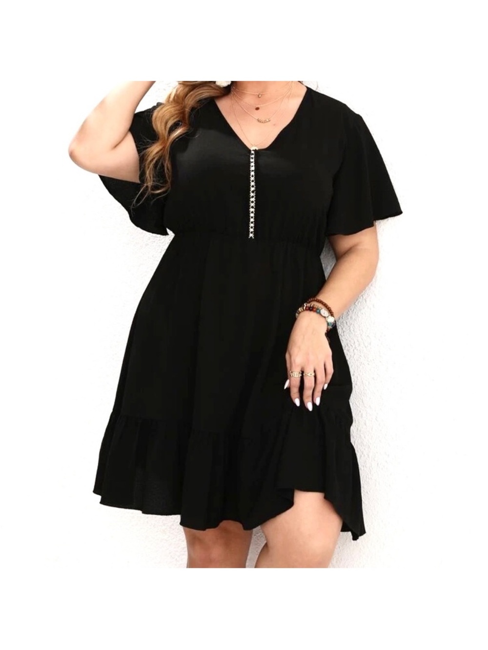SHEIN curve Black V-Neck Ruffle Hem elastic waits Dress